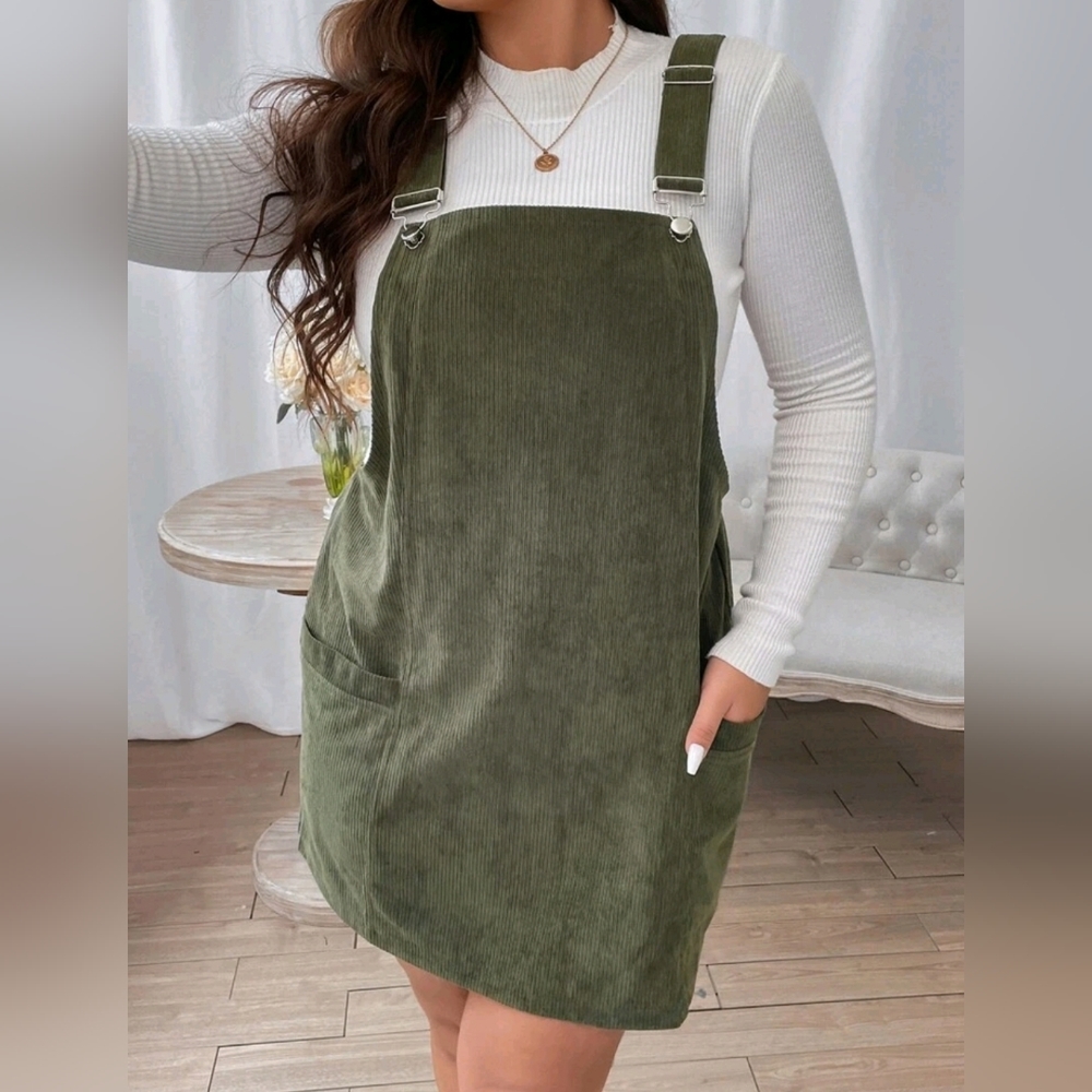 Corduroy Overall Dress with Pockets 2XL-3XL